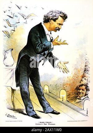 Vintage illustration depicting American writer and humourist Samuel Langhorne Clemens (1835 – 1910), better known by his pen name of Mark Twain, standing on stage and speaking to an audience. The illustration, by artist Joseph Ferdinand Keppler (1838 – 1894) / lithographer Mayer, Merkel & Ottmann, appeared in Puck magazine on December 16 1885. Stock Photo