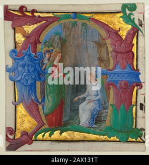 Manuscript Illumination with the Holy Women at the Tomb in an Initial A, from an Antiphonary, ca. 1490-1500. Stock Photo