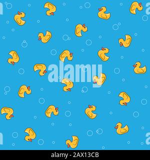 Rubber duckie seamless vector wallpaper pattern. Yelllow toys and bubbles on blue background Stock Vector