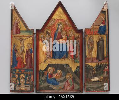 Madonna and Child Enthroned with Saints Peter, Bartholomew, Catherine of Alexandria, and Paul, and (below) the Nativity; left wing (top to bottom): Annunciatory Angel, Crucified Christ with the Virgin, Saints Mary Magdalen and John, and Christ as the Man of Sorrows; right wing (top to bottom): Virgin Annunciate, Saints Onophrius and Paphnutius, and Saint Onophrius Buried by Saint Paphnutius., ca. 1380-90.