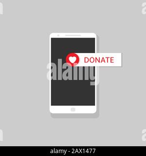 Donate button icon. Smartphone with red heart symbol on the screen Stock Vector