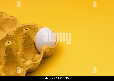 one egg inside of a six pack cardboard on yellow background. concept designs Stock Photo