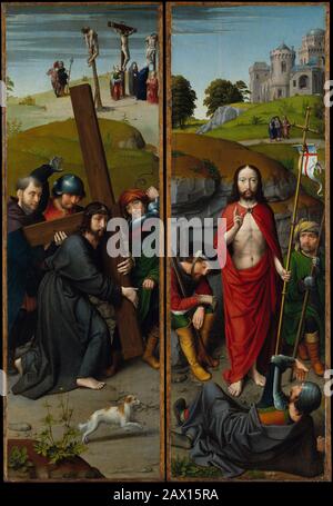 Christ Carrying the Cross, with the Crucifixion; The Resurrection, with the Pilgrims of Emmaus, ca. 1510. Stock Photo