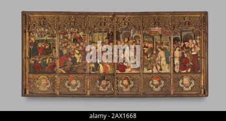 Altarpiece (retablo) with Scenes from the Passion, second half 15th century. From left to right, they are: the Agony in the Garden, the Betrayal, Christ before Caiaphas, Christ Crowned with Thorns, the Flagellation, and Christ before Pilate. Stock Photo