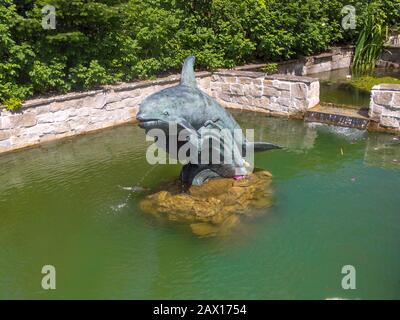 Sculpture of a dolphin placed on an artificial pond. Stock Photo