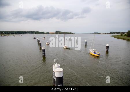 The view from the bridge to the Bodden from the Baltic Sea city Wolgast on a cloudy day Stock Photo