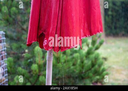 a wet red parasol in the summer rain with raindrops Stock Photo