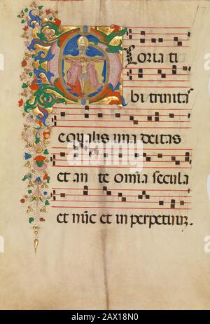 Manuscript Leaf with the Trinity in an Initial G, from an Antiphonary, second half 15th century. Stock Photo
