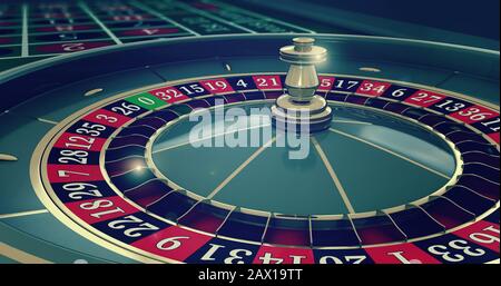 Casino roulette wheel on the game table. 3D render illustration Stock Photo