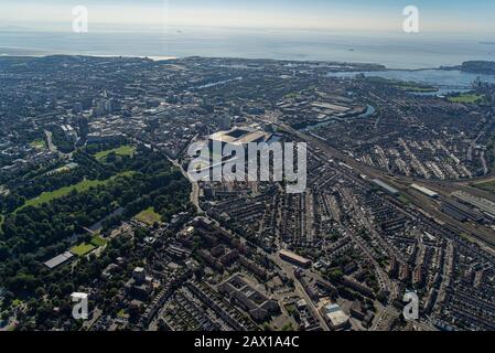 Aerial views of The Principality Stadium, home of Welsh Rugby. Previously know as the Millennium Stadium in Cardiff, South Wales Stock Photo