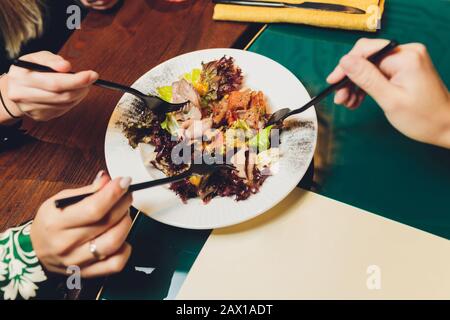 Different types of canapes on buffet table Stock Photo