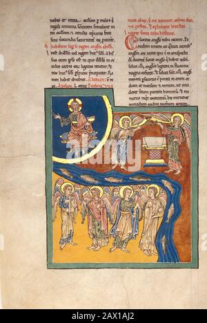 Leaf from a Beatus Manuscript: the Sixth Angel Delivers the Four Angels that had been Bound at the River Euphrates; an Altar Appears in the Heavens as the Enthroned Christ Raises His Hand in Blessing, ca. 1180. Recorded by Saint John in the Apocalypse (Book of Revelation) and filtered through the lens of Beatus of Li&#xe9;bana, Stock Photo