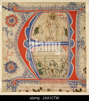 Manuscript Leaf Showing an Illuminated Initial A and The Resurrection, second half of 14th-early 15th century. Stock Photo