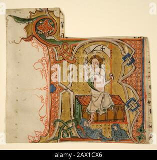 Manuscript Leaf Showing an Illuminated Initial R with The Resurrection, late 13th century. Stock Photo