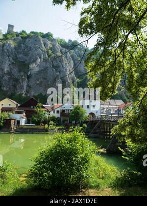 Alte Holzbrücke, Markttor, Essing an der Altmühl, Altmühltal, Bayern, Deutschland | old wooden bridge, Markttor, Essing, Altmühl Valley, Bavaria, Germ Stock Photo