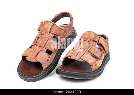 Modern slippers with a fastener close up on a white background. Stock Photo