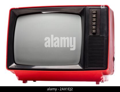 Red vintage portable CRT TV receiver made in USSR isolated on white background. Retro technology concept Stock Photo