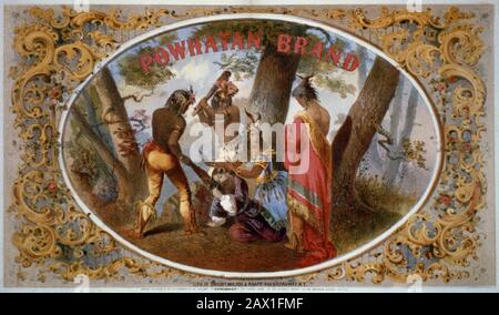 1860, USA : Tobacco package label showing Pocahontas coming to the defense of Capitain John Smith and appealing to her father, Chief Powhatan , to spare his life. POCAHONTAS  (c. 1595 -1617 ) was a Native American woman who married an Englishman, John Rolfe, and became a celebrity in London in the last year of her life. She was a daughter of Wahunsunacawh (also known as Chief or Emperor Powhatan), who ruled an area encompassing almost all of the tribes in the Tidewater region of Virginia (called Tenakomakah at the time). - PORTRAIT - RITRATTO - foto storiche - foto storica  -  Sauk Indians - I Stock Photo