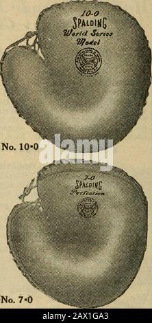 Spalding's official college base ball annual1911- . Mold^dface. Olive-colored leather, perfectly tanned to enable us to produce neces- ,i^ y,Q sary pocket with smooth surface on face. King Patent felt padding,hand stitched,patent laced back and thumb; leather lace; strap-and- ^^ &lt;,q buckle fastening. Heel of hand-piece felt / tPAiniyr lined. Leather bound edges. Each, $5.00 i^ Ai ^^^^ S^. Spalding League Extra Catchers Mitt Patented Jan. 2. 1900: Sept. 29. 1908; March 30. 1909, No. 5-0. Molded face. Tanned buff coloredleather, patent felt padding; strap-and-bucklefastening at back; reinforc Stock Photo