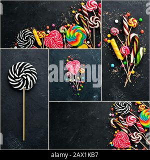 Photo collage candies and lollipops. On a black background. Stock Photo