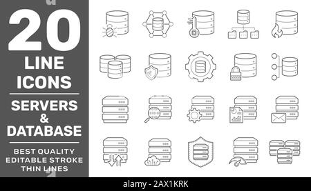 Collection of Servers and Database liner icons. Detailed vector icons. Servers, databases, network devices and cloud computing concept. Editable Stock Vector