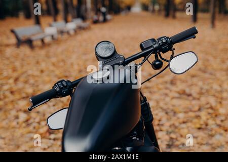 Close up shot of black motorcycle with speedometer, handlebar stands in autumn park against orange fallen leaves and benches. Transport concept. Bike Stock Photo