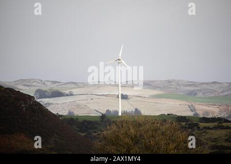 Near Tynygraig, Ceredigion, Wales, UK. 10th February 2020  UK Weather: A light covering of snow on the top of the Cambrian Mountains in Ceredigion this afternoon as the strong wind continues from storm Ciara. © Ian Jones/Alamy Live News Stock Photo