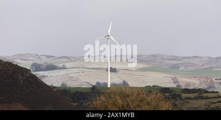 Near Tynygraig, Ceredigion, Wales, UK. 10th February 2020  UK Weather: A light covering of snow on the top of the Cambrian Mountains in Ceredigion this afternoon as the strong wind continues from storm Ciara. © Ian Jones/Alamy Live News Stock Photo