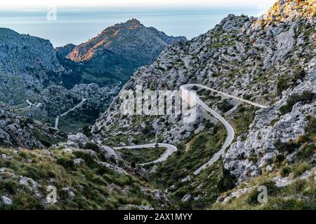 Serpentine road Ma-2141, winding road to Sa Calobra, in the northwest of Mallorca, Balearic Islands, Spain, Stock Photo