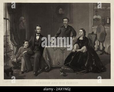 1866 , USA : The U.S.A. President ABRAHAM LINCOLN ( 1809 - 1865 ) at home . Print showing Abraham Lincoln, full-length portrait, sitting in chair on the left with Mary Todd ( 1818 - 1882 ) next to him, and sons Thomas ( 1853 - 1871 )and Robert Todd ( 1843 - 1926 ). Engraving by William SARTAIN ( 1843 - 1924 ) -  Presidente della Repubblica - Stati Uniti -  USA - ritratto - portrait - cravatta - tie - papillon - collar - colletto  - Abramo - family - famiglia - padre - father - mother - madre - mamma - figlio - figli - sons ----  Archivio GBB Stock Photo