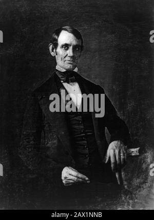 1846 ca , USA : The future U.S.A. President ABRAHAM LINCOLN ( 1809 - 1865 ) when was Congressman-elect from Illinois . Photo daguerreotype by Nicholas H. Shepherd . Attributed to Nicholas H. Shepherd, based on the recollections of Gibson W. Harris, a law student in Lincoln's office from 1845 to 1847.  This daguerreotype is the earliest-known photograph of Abraham Lincoln, taken at age 37 when he was a frontier lawyer in Springfield and Congressman-elect from Illinois.  -  Presidente della Repubblica - Stati Uniti -  dagherrotipo - USA - ritratto - portrait - cravatta - tie - papillon - collar Stock Photo