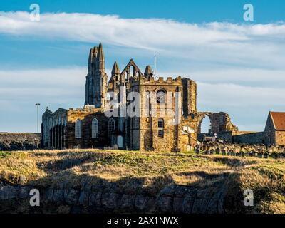 St Mary's Church and Whitby Abbey on East cliff, Whitby, UK. Stock Photo