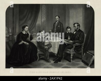 1861 , USA :  The U.S.A. President ABRAHAM LINCOLN ( 1809 - 1865 ) at home . Print showing Abraham Lincoln, full-length portrait, sitting in chair on the left with Mary Todd ( 1818 - 1882 ) next to him at left, and sons Thomas ( 1853 - 1871 ), Willie ( 1850 - 1862 ) and Robert Todd ( TAD 1843 - 1926 ) at a desk on the right. Artwork by F. B. (Francis Bicknell ) Carpenter ( 1830 - 1900 ), engraved by J.C. Buttre .  -  Presidente della Repubblica - Stati Uniti -  USA - ritratto - portrait - cravatta - tie - papillon - collar - colletto  - Abramo - family - famiglia - padre - father - mother - ma Stock Photo