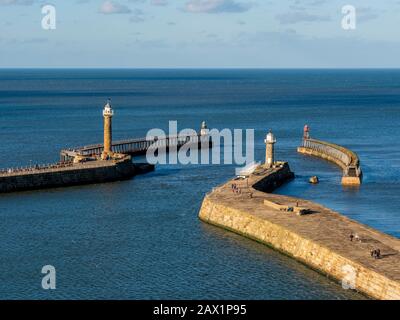 East Pier extension footbridge on quayside just prior to installation, Whitby, UK. Stock Photo