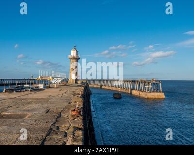 East Pier extension footbridge on quayside just prior to installation, Whitby, UK. Stock Photo
