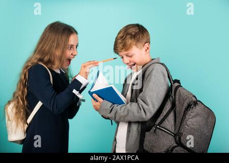 Study together. International students exchange. School knowledge. Talent development. Student ready for lessons. Regular school program. School educa Stock Photo