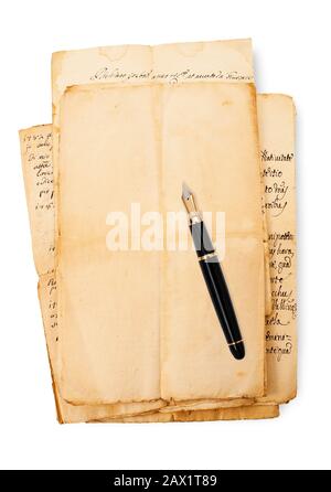 Old sheets with fountain pen isolated on white Stock Photo