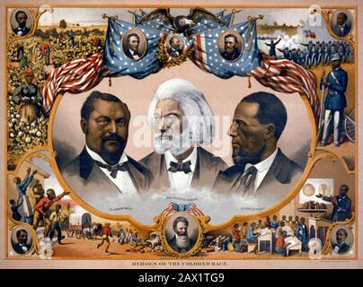 1881  , USA : The U.S.A. President ABRAHAM LINCOLN ( 1809 - 1865 ). Heroes of the colored race Head-and-shoulders portraits of Blanche Kelso Bruce , Frederick Douglass , and Hiram Rhoades Revels surrounded by scenes of African American life and portraits of Jno. R. Lynch, Abraham Lincoln , James A. Garfield , Ulysses S. Grant , Joseph H. Rainey, Charles E. Nash, John Brown , and Robert Smalls.Phila. : Published by J. Hoover, 1881,  1883 .chromolithograph -  Presidente della Repubblica - Stati Uniti -  USA - ritratto - portrait - Abramo - GUERRA CIVILE  DI SECESSIONE - SECESSIONISM WAR CIVIL - Stock Photo