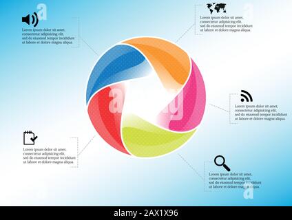 Infographic illustration vector template with motif of circle divided to five color parts. Each section is joined with sign and sample text. Backgroun Stock Vector