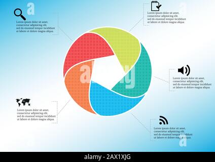 Infographic illustration vector template with motif of circle divided to five color parts. Each section is joined with sign and sample text. Backgroun Stock Vector