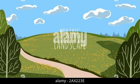 Vector panoramic illustration of beautiful spring or summer fields landscape with green hills, bright color blue sky and clouds. Background in flat Stock Vector