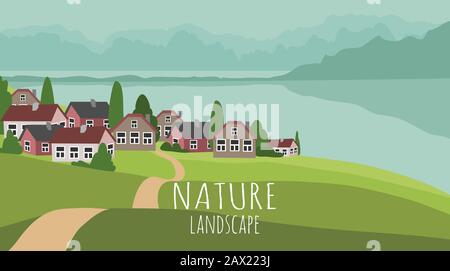 Vector panoramic illustration of beautiful spring or summer landscape with green hills, village surrounded by mountains and the sea. Background in Stock Vector