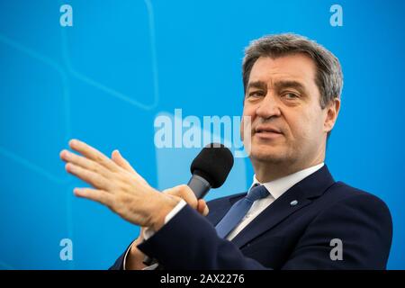 Nuremberg, Germany. 10th Feb, 2020. Markus Söder (CSU), Minister President of Bavaria, speaks at a CSU event. Söder warned the CDU of a month-long personnel debate following Kramp-Karrenbauer's renunciation of his candidacy for chancellor and CDU chairmanship. Credit: Daniel Karmann/dpa/Alamy Live News Stock Photo