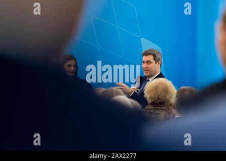 Nuremberg, Germany. 10th Feb, 2020. Markus Söder (CSU), Minister President of Bavaria, speaks at a CSU event. Söder warned the CDU of a month-long personnel debate following Kramp-Karrenbauer's renunciation of his candidacy for chancellor and CDU chairmanship. Credit: Daniel Karmann/dpa/Alamy Live News Stock Photo