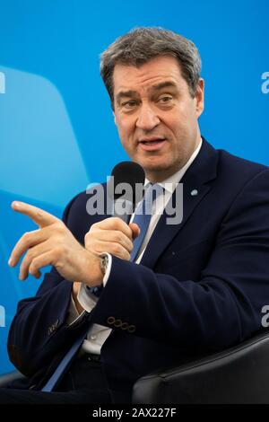 Nuremberg, Germany. 10th Feb, 2020. Markus Söder (CSU), Minister President of Bavaria, speaks at a CSU event. Söder warned the CDU of a month-long personnel debate following Kramp-Karrenbauer's renunciation of his candidacy for chancellor and CDU chairmanship. Credit: Daniel Karmann/dpa/Alamy Live News Stock Photo