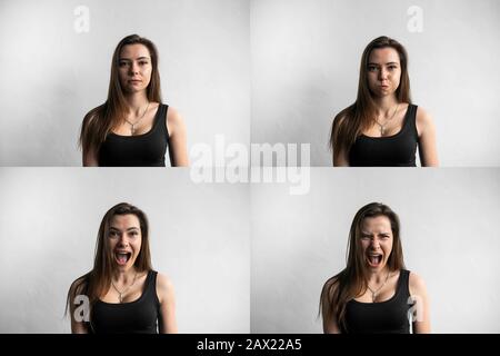 Set of young woman's portraits with different emotions. Young beautiful cute girl showing different emotions. Laughing, smiling, anger, suspicion Stock Photo