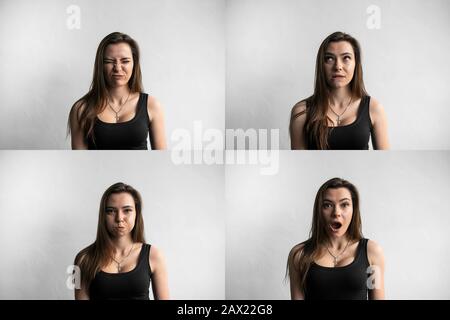 Set of young woman's portraits with different emotions. Young beautiful cute girl showing different emotions. Laughing, smiling, anger, suspicion Stock Photo