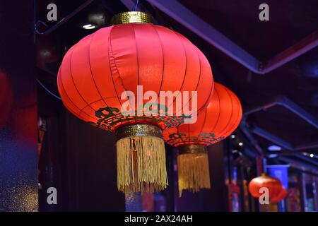 Red Chinese New Year lanterns, Chinatown, Soho, London Stock Photo