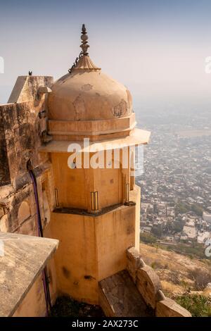 India, Rajasthan, Jaipur, Nahargarh Fort, Mughal style tower above city Stock Photo