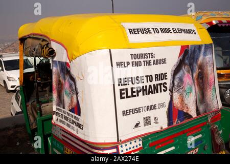 India, Rajasthan, Jaipur, Nahargarh Fort, autorickshaw with cover publicising Amber Fort elephant ride animal cruelty Stock Photo